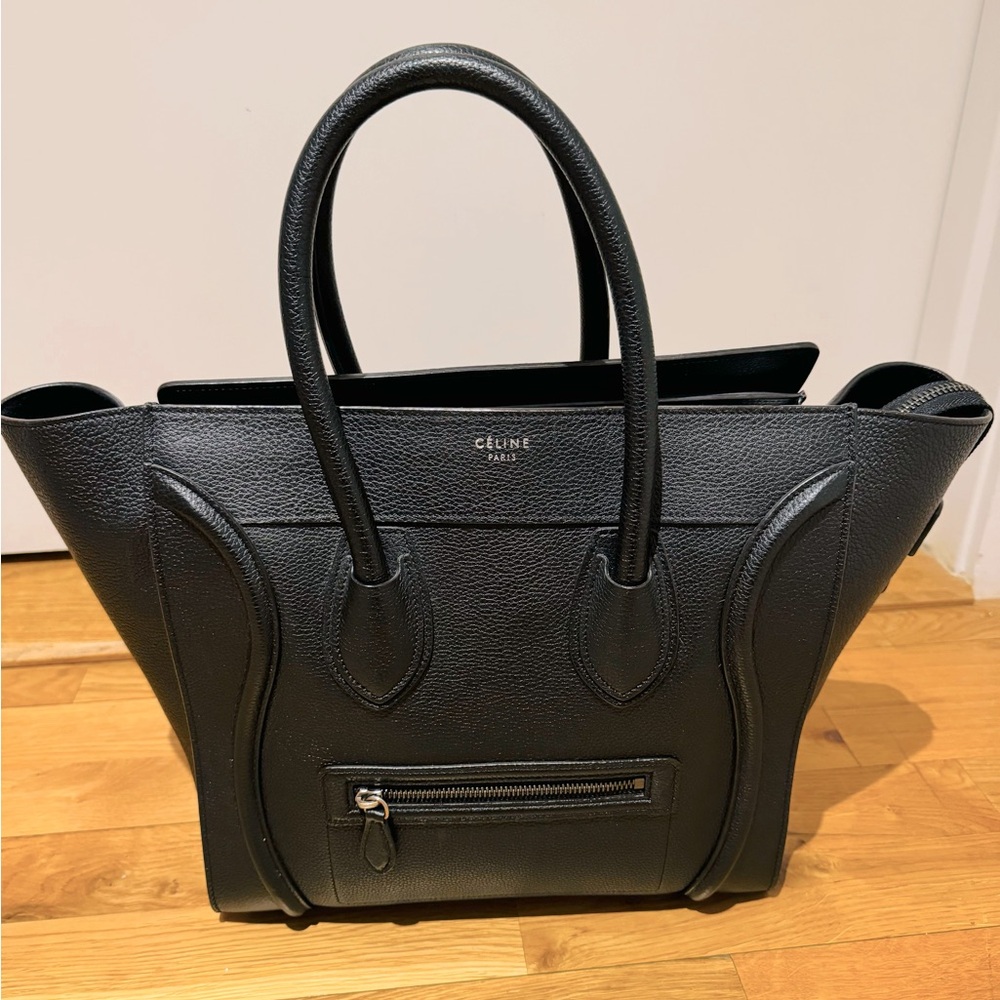 CELINE MICRO LUGGAGE HANDBAG IN DRUMMED CALFSKIN, BLACK WITH DUST BAG SHOWN
